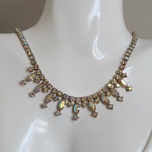 Vintage Signed Sherman Drop Aurora Borealis Crystal Rhinestone Choker Necklace